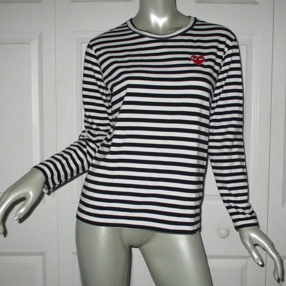 PLAY COMME DES GARCONS Black & White Striped Tee Heart Logo Small Japan - Picture 1 of 7